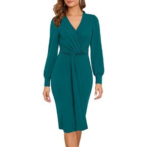 Zattcas Women 2024 Long Sleeve Fall Dress Faux Wrap Vneck Business Casual Work Teacher Church Knit Midi Dresses