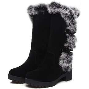 Women's Mid-Calf Winter Platform Hidden Wedge Boots Slip-on Thick Rabbit Fur Collar Warm Waterproof Stretch Leather Non-slip Snow Boot