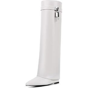 Women Wedge Heel Fold Pointy Pull-On Knee Shark Boot, Women Wide Calf Padlock Boot
