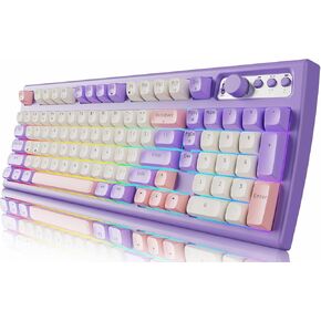 EWEADN V97 Cute Creamy Keyboard, Bluetooth/2.4GHz Gaming Keyboard Wireless with RGB Backlit, Media Knob, Curved Body, Rechargeable Quiet Computer Keyboard for MAC Xbox PC Gamer-White