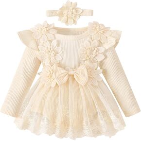 FYMNSI Toddler Baby Girls Long Sleeve Ribbed Knit Lace Ruffle Floral Romper Tutu Dress Headband Newborn Fall Winter Dresses