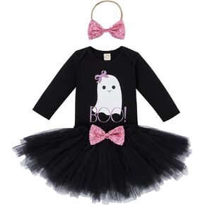 0-12M Newborn Baby Girls Halloween Outfit Long Sleeve Ghost Pumpkin RomperTutu Skirt Headband 3pcs Set
