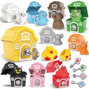 Animal Toys for Toddlers，Little People Farm,30 Piece Farm Animal Toys,10 Farm Animals and 10 Barns,10 Keys,Montessori Counting,Matching and Sorting Fine Motor Sensory Toys