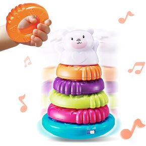 auby Stacking Rings Baby Toys STEM Learning Toy with Sound Effects & Wobbling Base Educational Sensory Stacking Toys for Toddlers Babies Boy Girl Age 9+ Months, 8 in Set