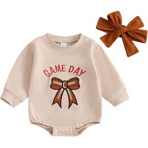 Infant Baby Girl Football Outfits Game Day Print Bubble Oversized Sweatshirt Romper Headband Cute Fall Winter Clothes