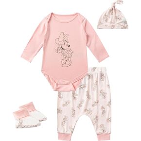 Disney Minnie Mouse Baby Girls 4 Pack Bamboo Viscose Bodysuit with Booties, Hat and Pants Set for Infant