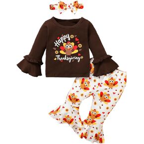 BIRTHDAY SHARK Baby Girl Thanksgiving Outfit Toddler Girl Happy Thanksgiving Flare Bottoms Clothes Girl Turkey Shirt