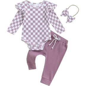 Newborn Infant Baby Girl Clothes Ribbed Long Sleeve Ruffle Romper Long Pants Headband Sets 3Pcs Fall Winter Outfits
