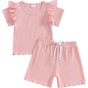 MERSARIPHY 2PCS Toddler Girl Clothes Infant Baby Summer Outfits Short Sleeve Ruffle Ribbed T Shirt Tops Shorts Clothing Set