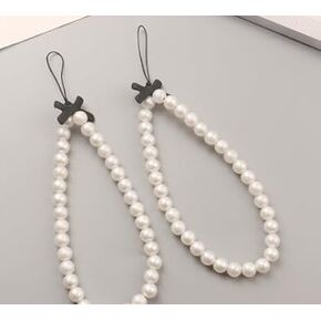White Mobile Phone Case Decorations ChainWhite Pearl Beaded Black Bow Phone Lanyard Wrist Strap Anti Lost Phone Charm Strap Fashion Phone Case Keychain Wallet Decoration Pendant Accessories Décor