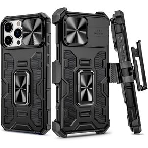 VEGO for iPhone 16 Pro Max Case with Belt Clip Holster, iPhone 16 ProMax Case with Slide Camera Cover & 360° Ring Kickstand, Military Grade Heavy Duty Protective Case for 16 Pro Max - Rose Gold