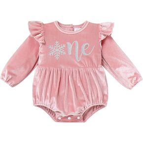IDOPIP Baby Girls Velvet Romper Christmas Snowflake Romper Bodysuit Headband Socks Birthday Outfit Long Sleeve Fall Clothes