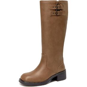 ALLOT Women's Knee High Boots Buckle Strap Low Flat Heel Side Zip Round Toe Comfortable Riding Boots