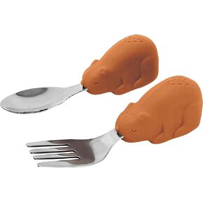 Tiny Twinkle Easy Grip Toddler Utensils Spoon and Fork Set - BPA & Phthalate Free Utensil Sets, Kids Silverware With Silicone Handle, Baby Led Weaning Supplies for 12 Months & Up (Olive Dinosaur)