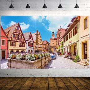 Blulu Oktoberfest Festival Decorations, 5.90 x 3.61 ft Extra Large Bavarian Street Scenery Backdrop Banner Background Photo Booth with Rope Germany Beer Party Game Supplies