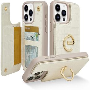 CUSTYPE Leather Wallet Case for iPhone 15 Pro Max - Card Holder with 180° Ring Kickstand, Card Slots - Protective Case for Men and Women Beige