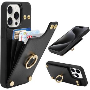 حافظة محفظة LAMEEKU لهاتف iPhone 15 Pro Max، حافظة مع حامل بطاقة، مسند حلقي يدور 360 درجة، حافظة جلدية واقية RFID مصممة للنساء والرجال لهاتف Apple iPhone 15 Pro Max 6.7 بوصة أسود in Kuwait
