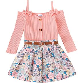Kids Girls Fall Outfits Long Sleeve Ribbed T-shirt Top + Pleated Skirt Set Toddler Spring Clothes 1T 2T 3T 4T