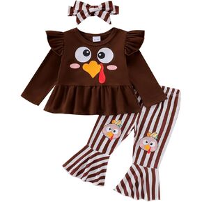 Kids Baby Girl Halloween/Thanksgiving Outfit Pumpkin/Turkey Print Bell Bottoms Fall Toddler Flare Clothes Set