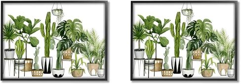 مشهد نبات بوهو من شركة Stupell Industries مع الصبار والعصارة في أوعية هندسية بتصميم فني جيكلي مؤطر بالألوان المائية بواسطة Grace Popp in Saudi Arabia
