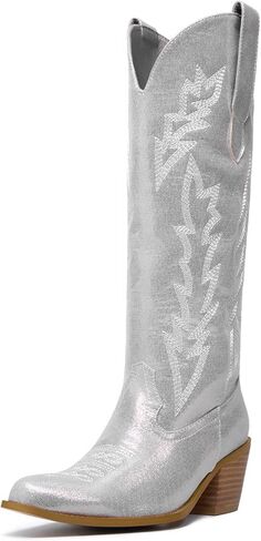 GOSERCE Cowboy Boots for Women Cowgirl Mid Calf Boots Floral Embroidery Pointed Toe Chunky Heel 2.5" Pull-On Fashion in Saudi Arabia