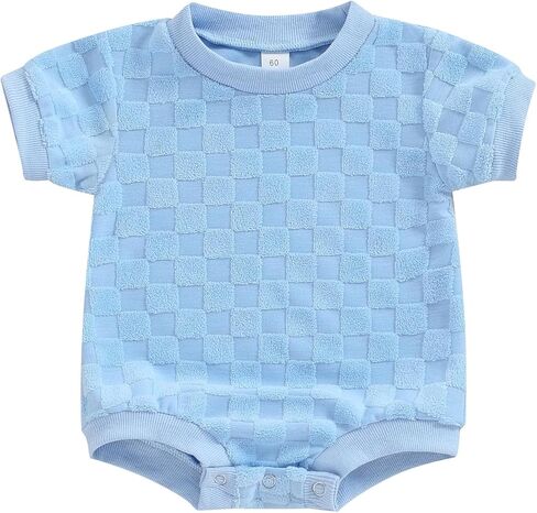 ملابس أطفال محايدة بأكمام قصيرة ورقبة دائرية على شكل شطرنج رومبير فقاعات غامض لحديثي الولادة صبي فتاة قطعة واحدة ملابس صيفية in Kuwait