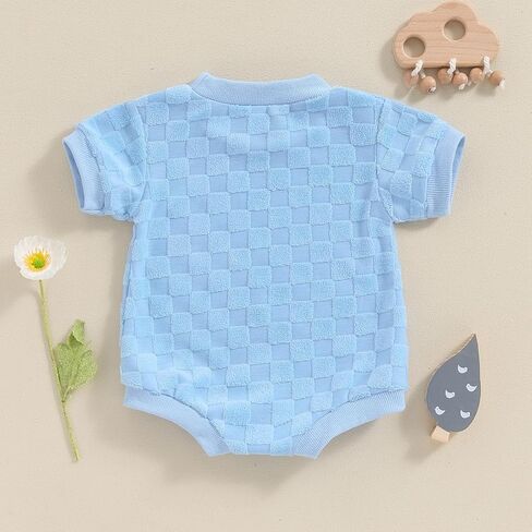 ملابس أطفال محايدة بأكمام قصيرة ورقبة دائرية على شكل شطرنج رومبير فقاعات غامض لحديثي الولادة صبي فتاة قطعة واحدة ملابس صيفية in Kuwait