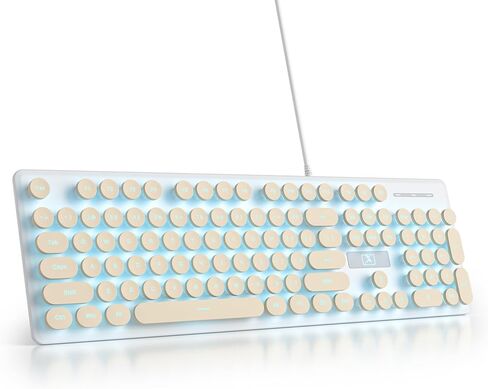 Full Size Blue Typewriter Keyboard,104-Key Retro Punk Keyboard Round keycap with LED Blue Backlight,Silent Keyboard Wired USB, Compatible with PC/Laptop/Computer Keyboard(V300/Blue) in Saudi Arabia