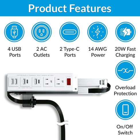 طقم مخارج الدرج مع محطة شحن سريعة PD20W USB-C (2)، USB-A (4)، منافذ تيار متردد (TR) (15 أمبير) (2)، كابل طاقة (14 AWG) للخزائن in Saudi Arabia
