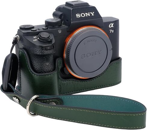 حافظة كاميرا Bowan لهاتف Sony a7 III ILCE7M3/B، حافظة نصف كاميرا مصنوعة يدويًا من الجلد الطبيعي الأصلي لـ A7 Mark III، A7R III، A9 A7 II، A7R II إصدار فتحة سفلية للكاميرا + حزام يد (أخضر) in Kuwait