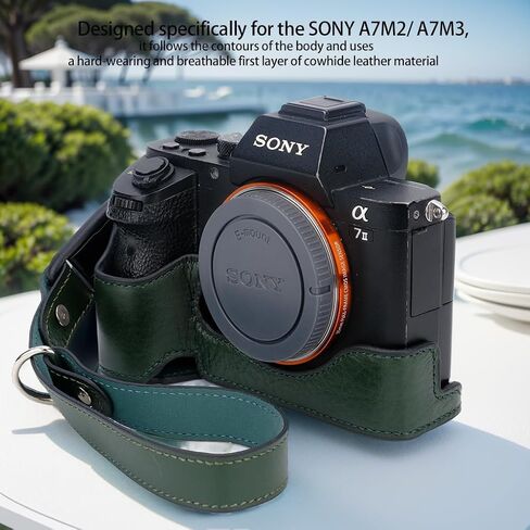 حافظة كاميرا Bowan لهاتف Sony a7 III ILCE7M3/B، حافظة نصف كاميرا مصنوعة يدويًا من الجلد الطبيعي الأصلي لـ A7 Mark III، A7R III، A9 A7 II، A7R II إصدار فتحة سفلية للكاميرا + حزام يد (أخضر) in Kuwait