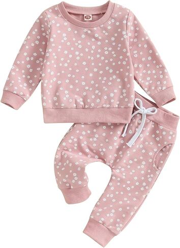 Mandizy Baby Girl Clothes Fall Winter Floral Print Outfit Long Sleeve Sweatshirt Tops and Elastic Waist Pants Set in Saudi Arabia