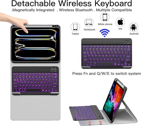 XIWMIX Keyboard Case for iPad Pro 11 inch (M4) 5th Generation 2024, 7 Colors Backlit Wireless Bluetooth Detachable Folio Rechargeable Keyboard Cover with Pencil Holder for iPad Pro 11" 5th Gen, Black in Saudi Arabia
