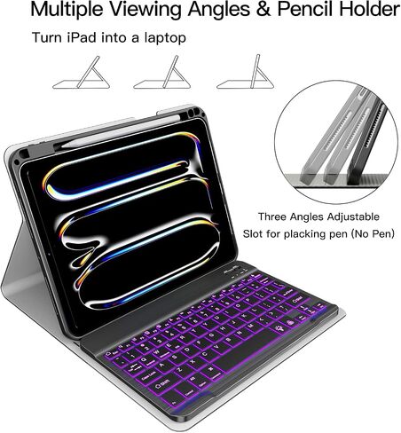 XIWMIX Keyboard Case for iPad Pro 11 inch (M4) 5th Generation 2024, 7 Colors Backlit Wireless Bluetooth Detachable Folio Rechargeable Keyboard Cover with Pencil Holder for iPad Pro 11" 5th Gen, Black in Saudi Arabia