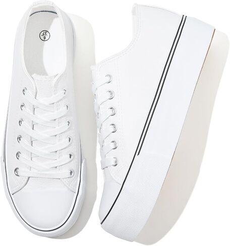 Rominz Women's White Platform Sneakers PU Leather Platform Shoes Classic Black Low Top Sneakers Casual Walking Shoes for Women in Saudi Arabia