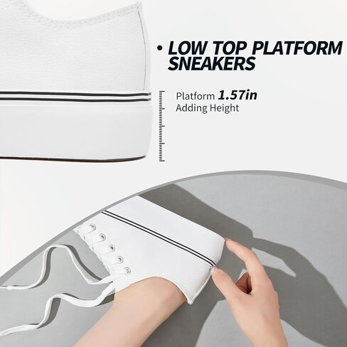 Rominz Women's White Platform Sneakers PU Leather Platform Shoes Classic Black Low Top Sneakers Casual Walking Shoes for Women in Saudi Arabia