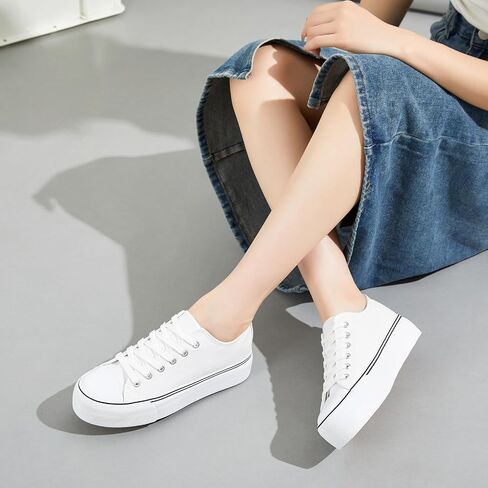 Rominz Women's White Platform Sneakers PU Leather Platform Shoes Classic Black Low Top Sneakers Casual Walking Shoes for Women in Saudi Arabia