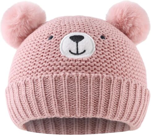 JANGANNSA Cute Bear Baby Beanie Pompom Baby Boys Hat Infant Toddler Winter Knitted Beanies for Girls in Kuwait