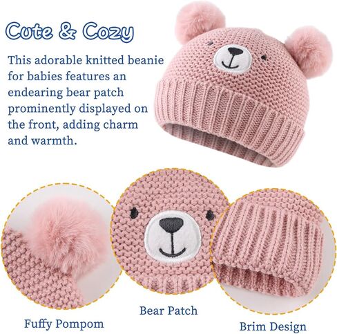 JANGANNSA Cute Bear Baby Beanie Pompom Baby Boys Hat Infant Toddler Winter Knitted Beanies for Girls in Kuwait