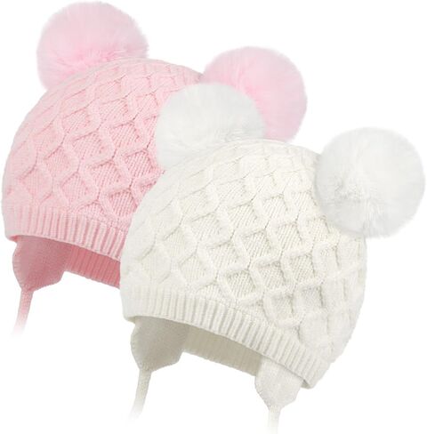 Labeol Baby Hats,Soft Warm Winter Knit Baby Beanie Hat with Earflap,Cute Pom-pom Ears Fall Winter Hats for Toddler Girls Boys in Saudi Arabia
