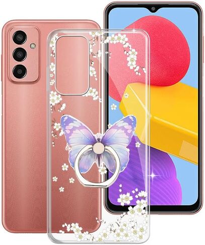 Phone Case for Samsung Galaxy F13 (6.6"), Full Body Soft TPU Shockproof Protection Case with 360° Rotation Ring Kickstand Anti-Scratch Bumper Back Cover for Samsung Galaxy F13 - Rose Flower in Kuwait