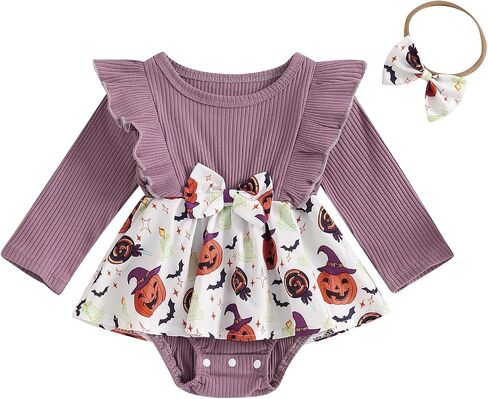 Madjtlqy Halloween Baby Girl Outfit Romper Dress 0 3 6 9 12 18 Months Pumpkin Bat Floral Print Clothes + Headband in Saudi Arabia