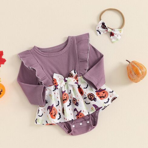 Madjtlqy Halloween Baby Girl Outfit Romper Dress 0 3 6 9 12 18 Months Pumpkin Bat Floral Print Clothes + Headband in Saudi Arabia