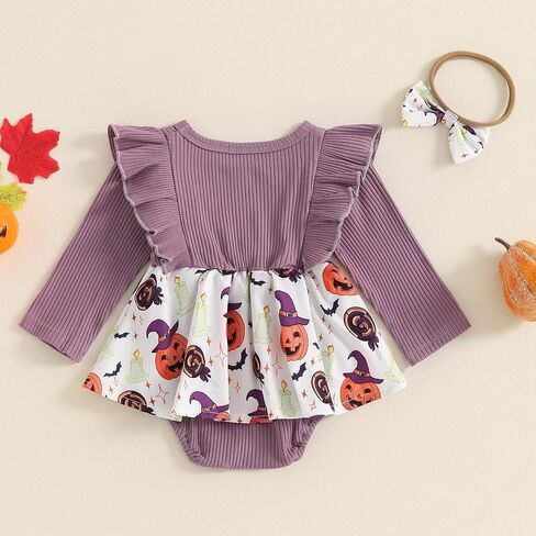 Madjtlqy Halloween Baby Girl Outfit Romper Dress 0 3 6 9 12 18 Months Pumpkin Bat Floral Print Clothes + Headband in Saudi Arabia
