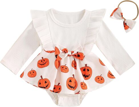 Madjtlqy Halloween Baby Girl Outfit Romper Dress 0 3 6 9 12 18 Months Pumpkin Bat Floral Print Clothes + Headband in Saudi Arabia