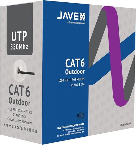 JAVEX CAT6 UTP خارجي (1000 قدم)، 550 ميجا هرتز، 23AWG، كابل CCA Ethernet بالجملة، صندوق سهل السحب، 305 متر، أبيض in Kuwait
