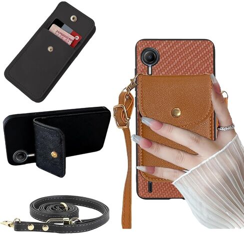 for Cricket Debut S2 Case, Cricket Debut S2 Wallet Back with Card Holder, Shockproof PU Leather Case Crossbody Adjustable Detachable Lanyard Hands Free | Kickstand Flip Magnetic Closure -Black in Saudi Arabia