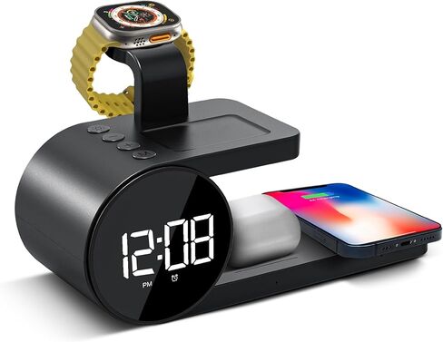 محطة الشحن اللاسلكية Brookstone 4 في 1: أنيقة | متوافق مع سلسلة iPhone 15,14,13,12 Pro Max، وجميع سلاسل iWatch، متوافق مع Airpods 3,2 Pro| محطة شحن لاسلكية مع ساعة. in Kuwait