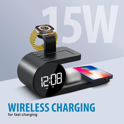 محطة الشحن اللاسلكية Brookstone 4 في 1: أنيقة | متوافق مع سلسلة iPhone 15,14,13,12 Pro Max، وجميع سلاسل iWatch، متوافق مع Airpods 3,2 Pro| محطة شحن لاسلكية مع ساعة. in Kuwait