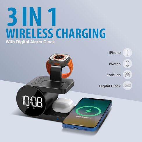 محطة الشحن اللاسلكية Brookstone 4 في 1: أنيقة | متوافق مع سلسلة iPhone 15,14,13,12 Pro Max، وجميع سلاسل iWatch، متوافق مع Airpods 3,2 Pro| محطة شحن لاسلكية مع ساعة. in Kuwait